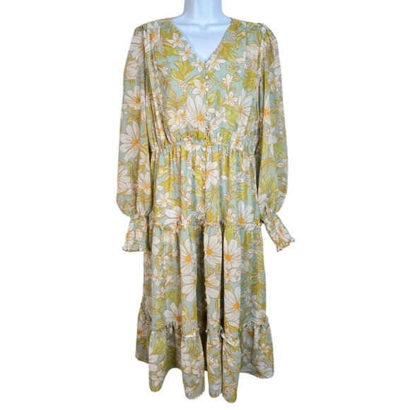 Rachel Parcell Daisy Floral Chiffon Drawstring Midi-Dress Light Blue Yellow Med - Picture 5 of 13